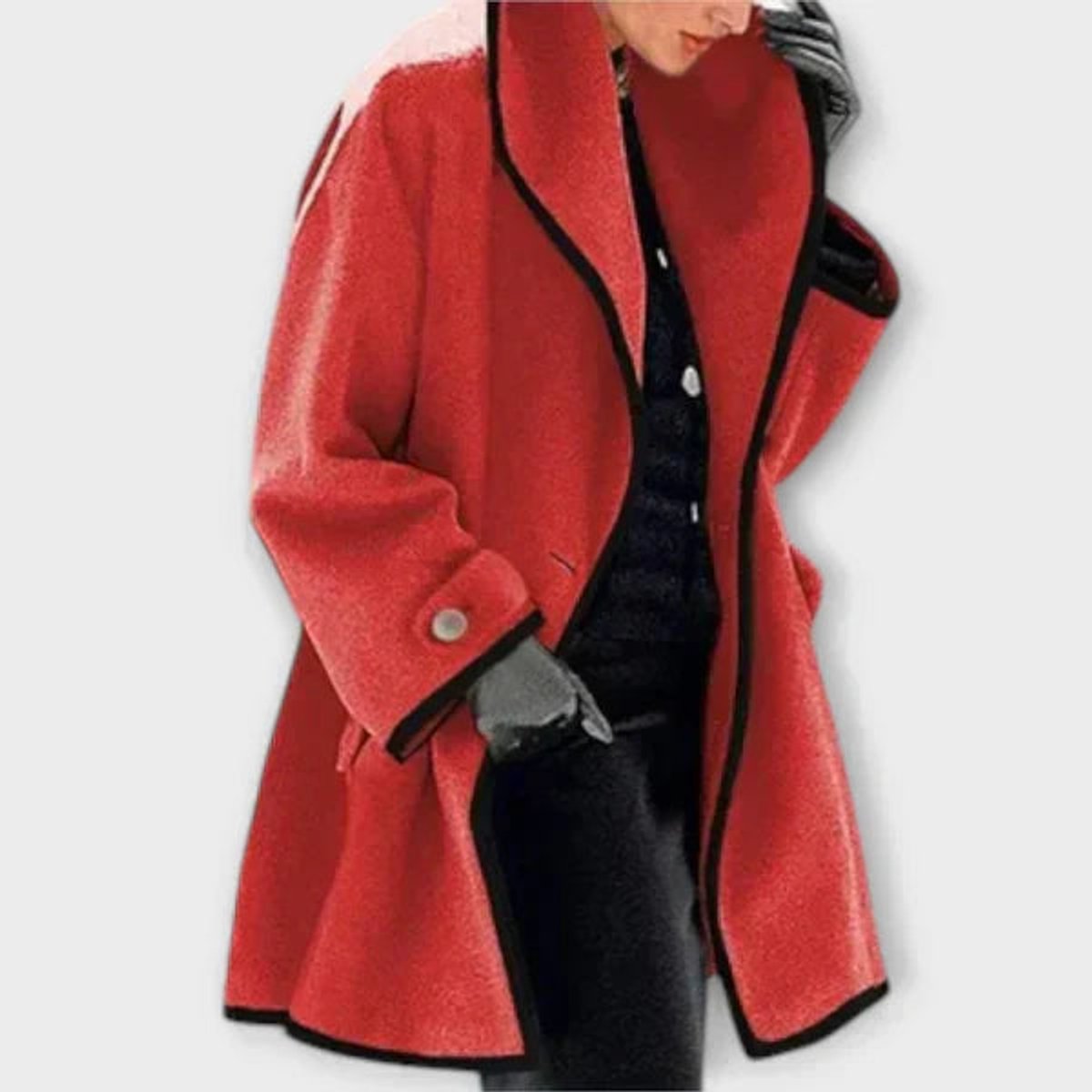 Flora oversized contrast-trim coat in red, front view