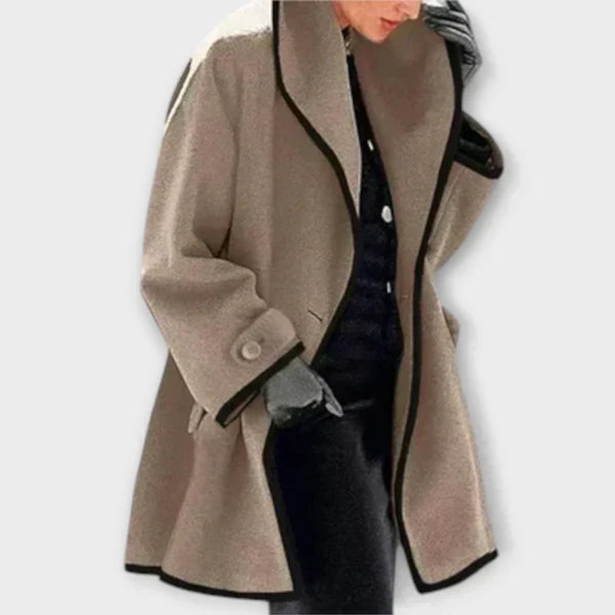 Flora oversized contrast-trim coat in khaki, front view with shawl collar