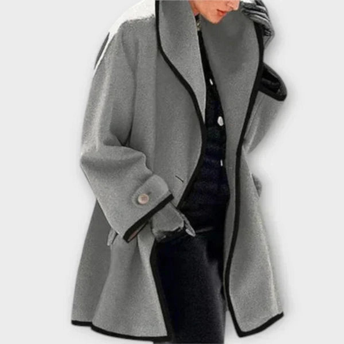 Flora oversized contrast-trim coat in grey, front view with button cuff tab