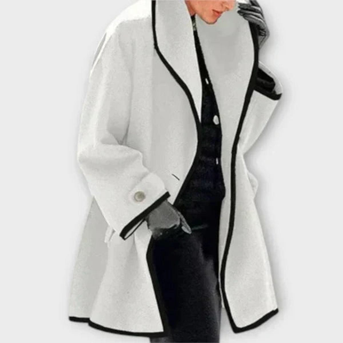 Flora oversized contrast-trim coat in white, front view with black piping