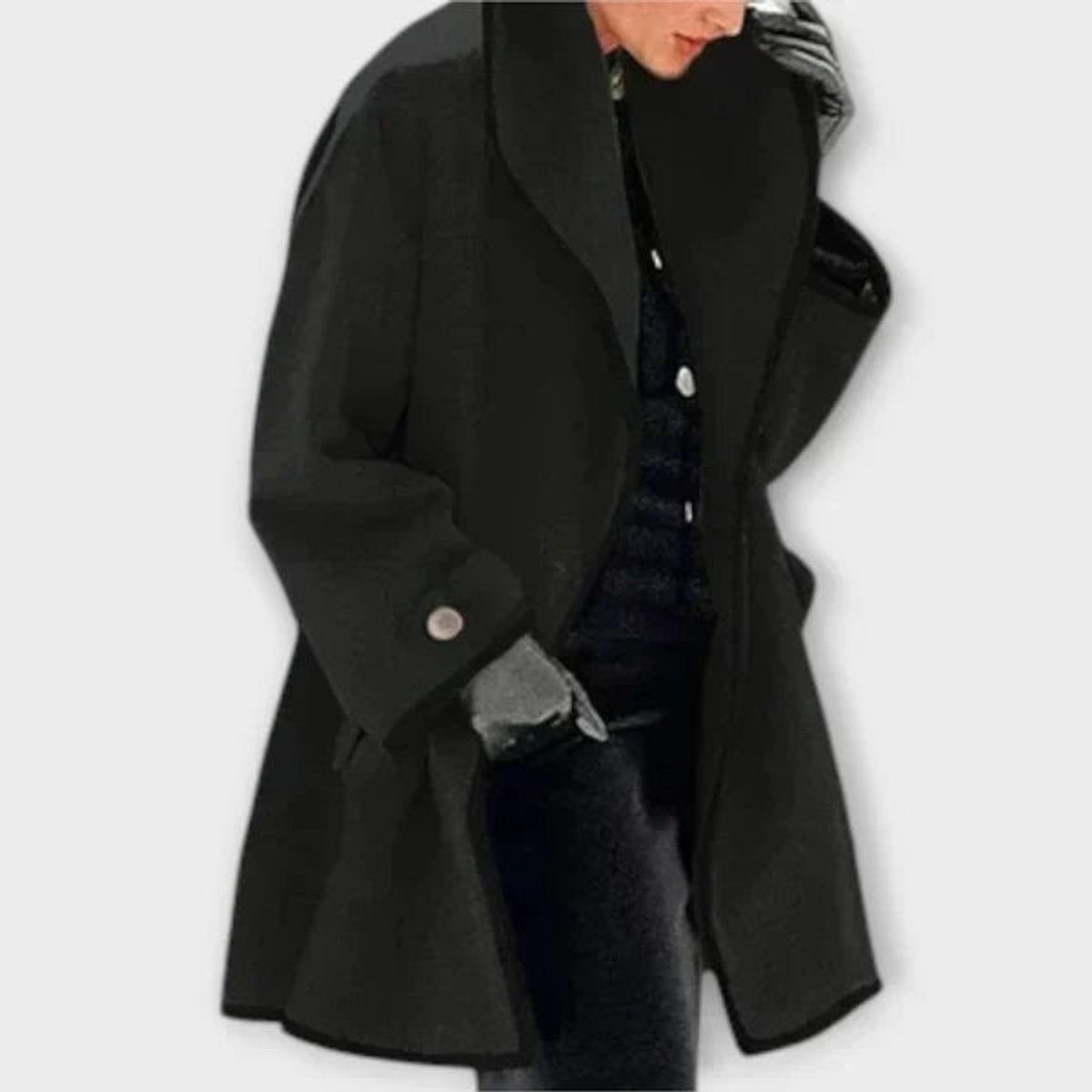Flora oversized contrast-trim coat in black, front view