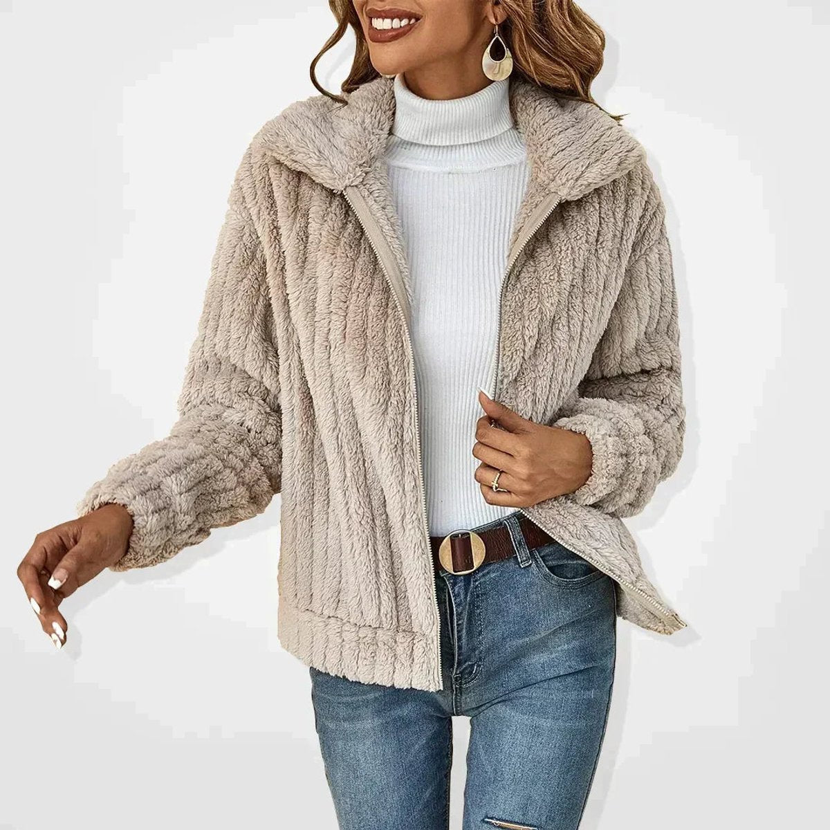 Rita plush zip-up jacket in light beige, front view over a white roll-neck