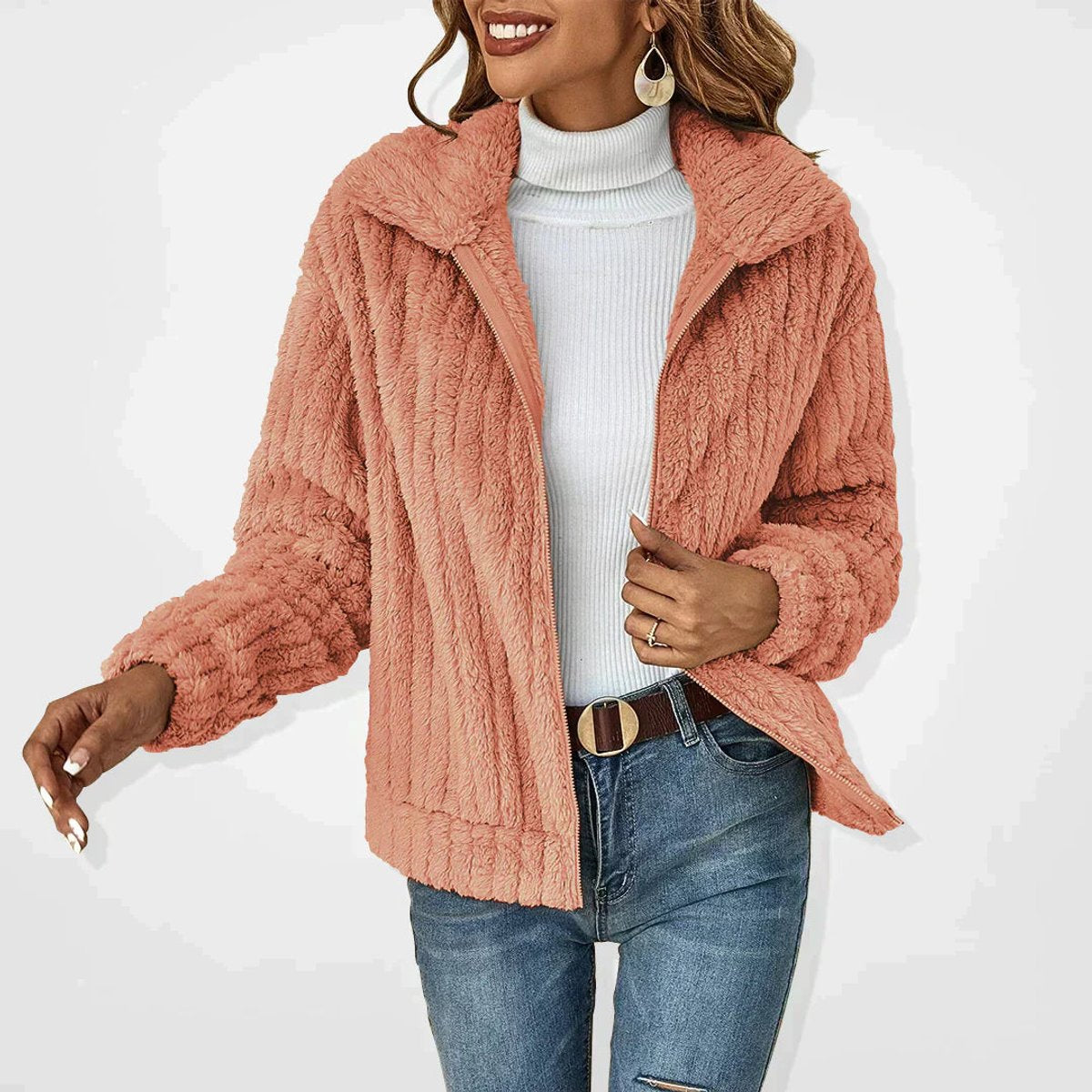 Rita plush zip-up jacket in apricot, front view over a white roll-neck