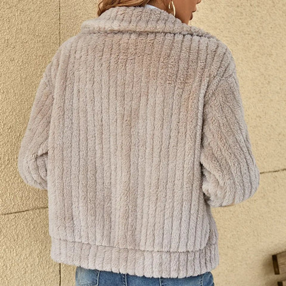 Rita plush zip-up jacket in light beige, back view showing channelled texture