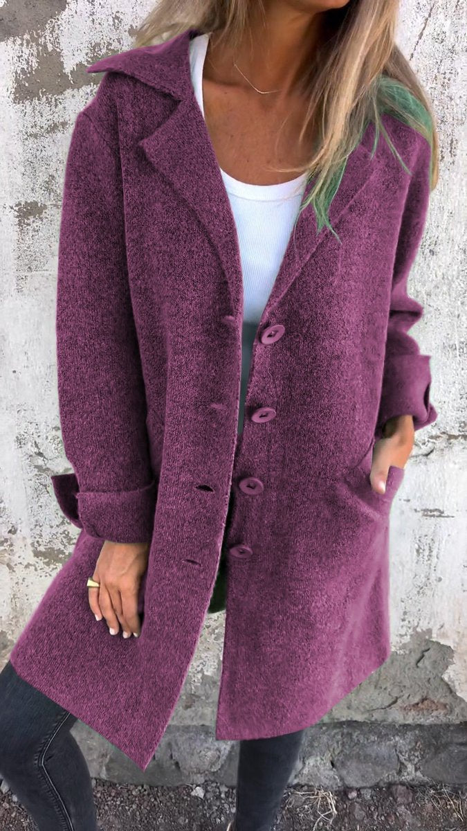 Lucille long lapel coat in purple, front view with notch lapels