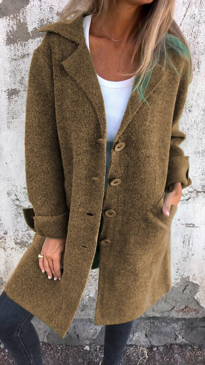 Lucille long lapel coat in khaki, front view worn open