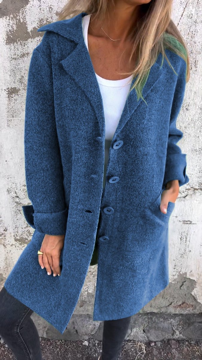 Lucille long lapel coat in blue, front view with button front