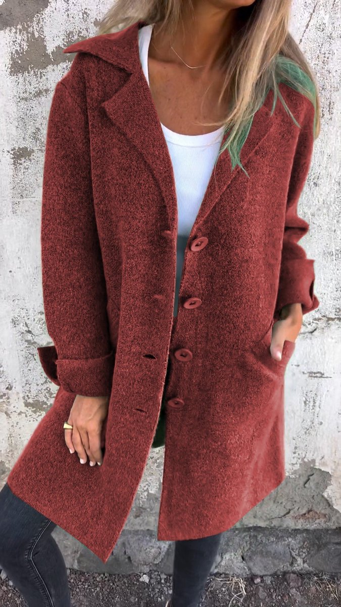 Lucille long lapel coat in red, front view with patch pockets