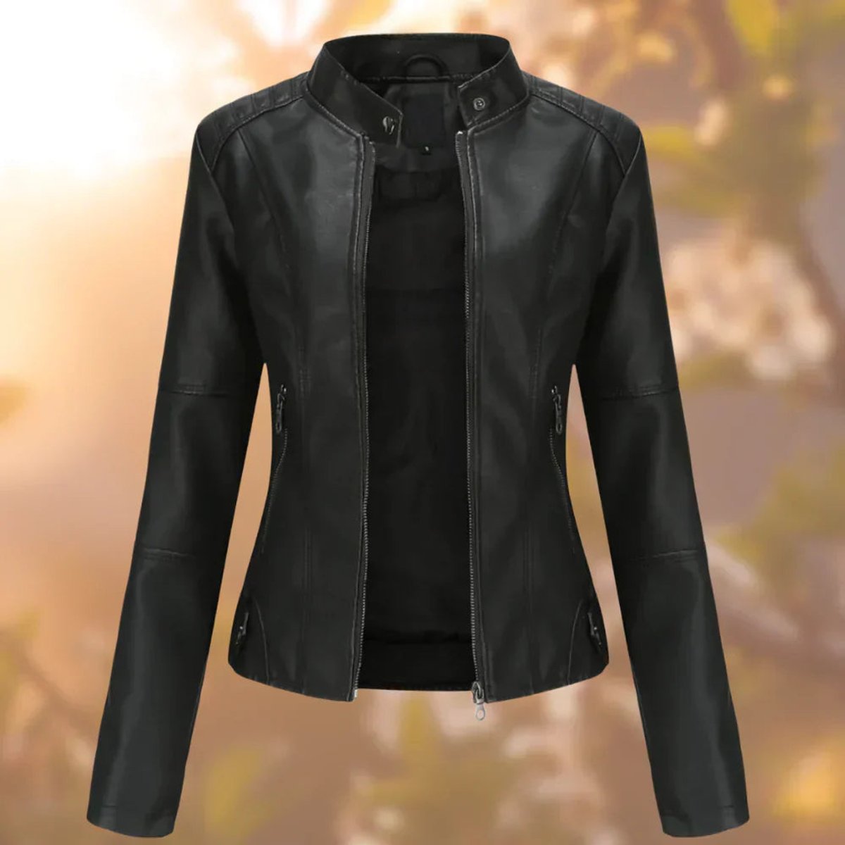 Shirley slim biker jacket in black, front view