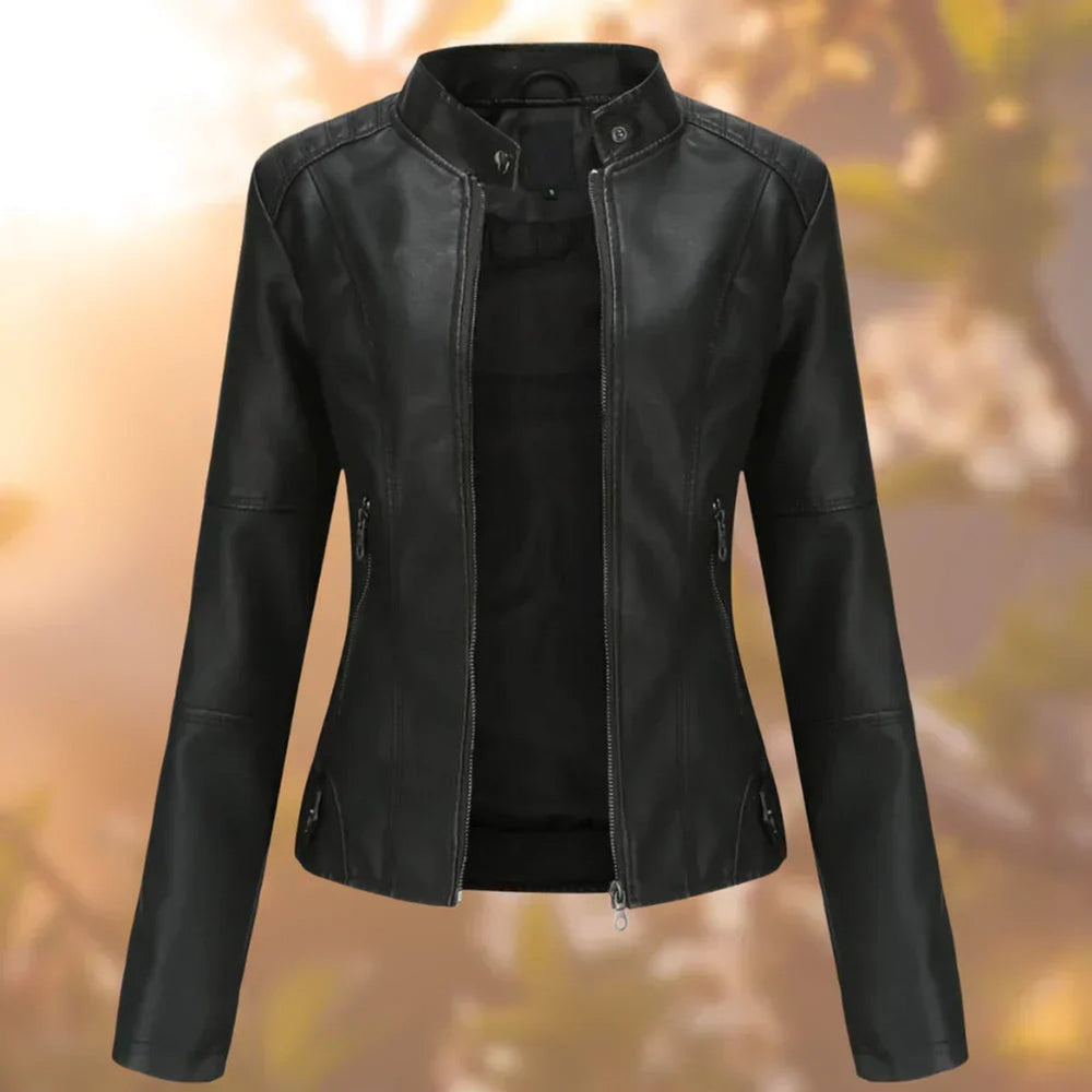 Shirley slim biker jacket in black, front view