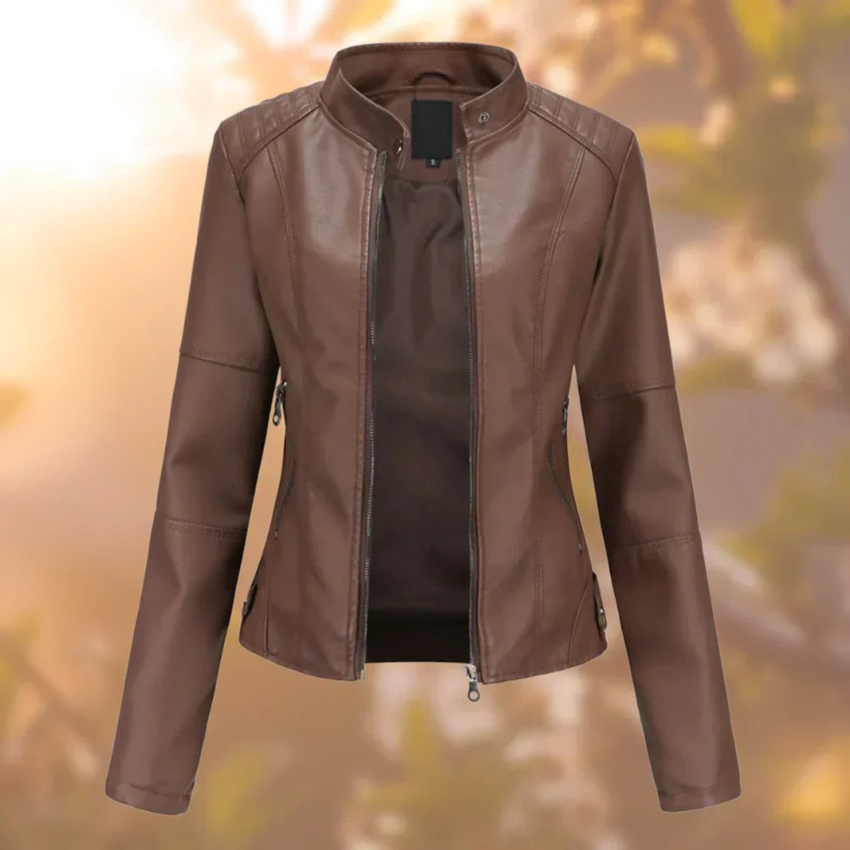 Shirley slim biker jacket in dark brown, front view