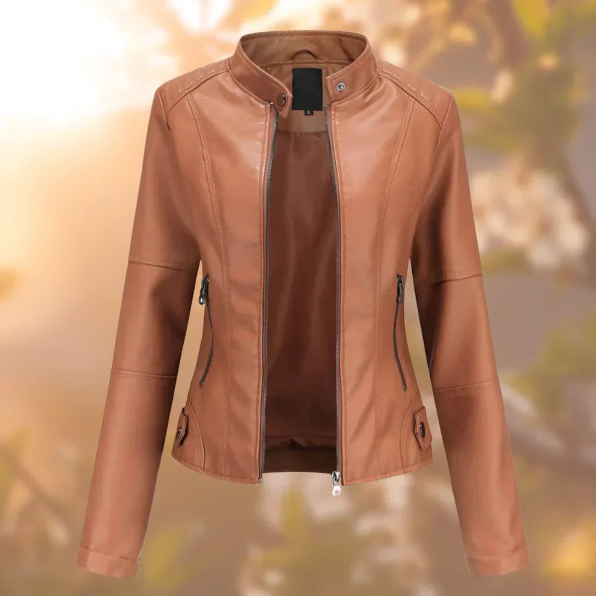 Shirley slim biker jacket in brown, front view