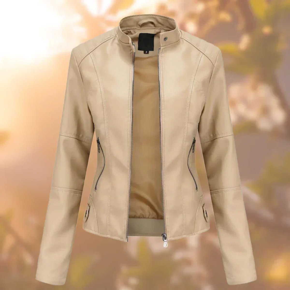 Shirley slim biker jacket in beige, front view
