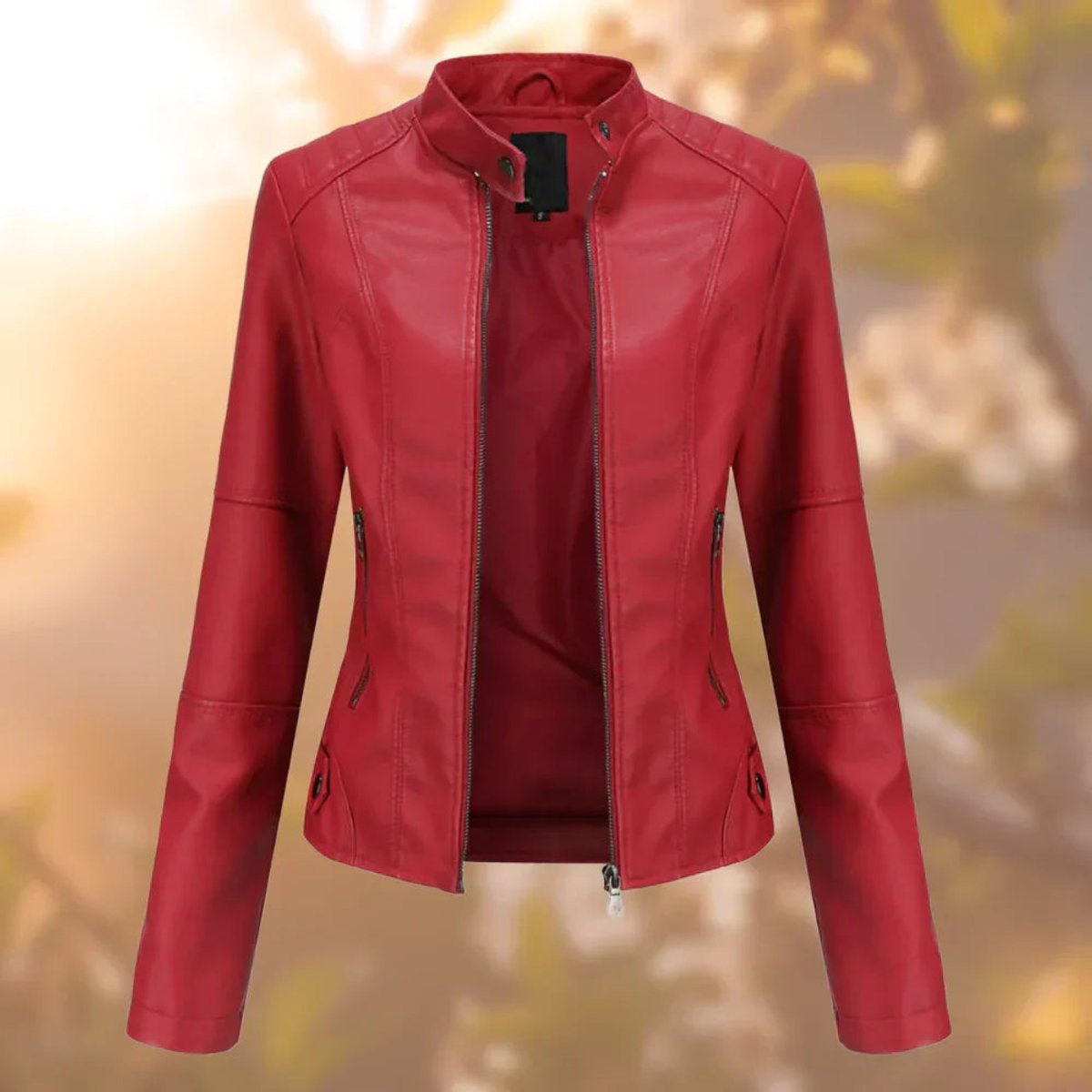 Shirley slim biker jacket in red, front view