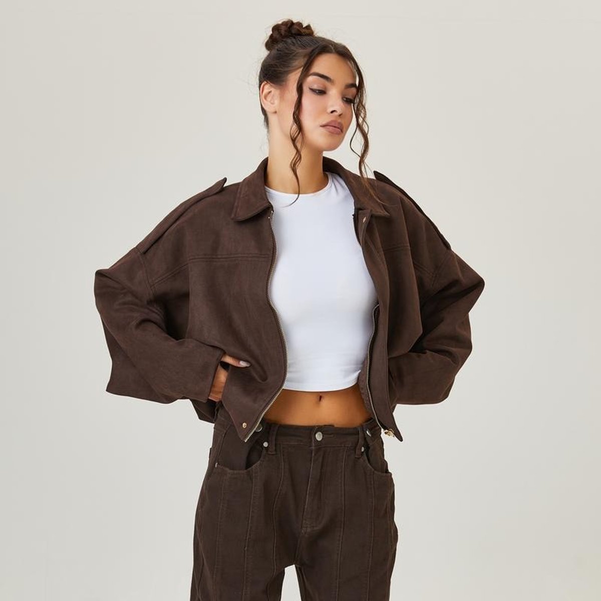 Louisa oversized cropped bomber jacket in brown, worn open front view