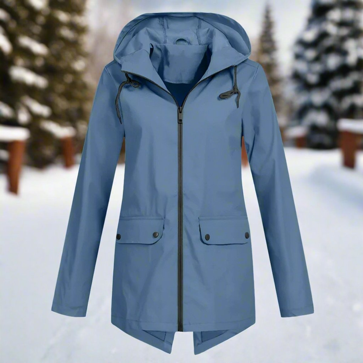 Lorraine longline hooded raincoat in blue, front view