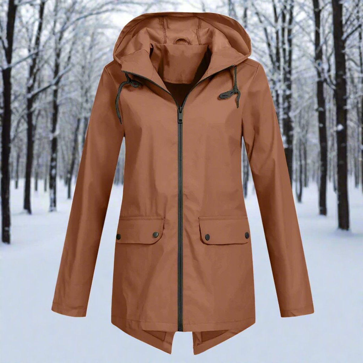 Lorraine longline hooded raincoat in coffee brown, front view