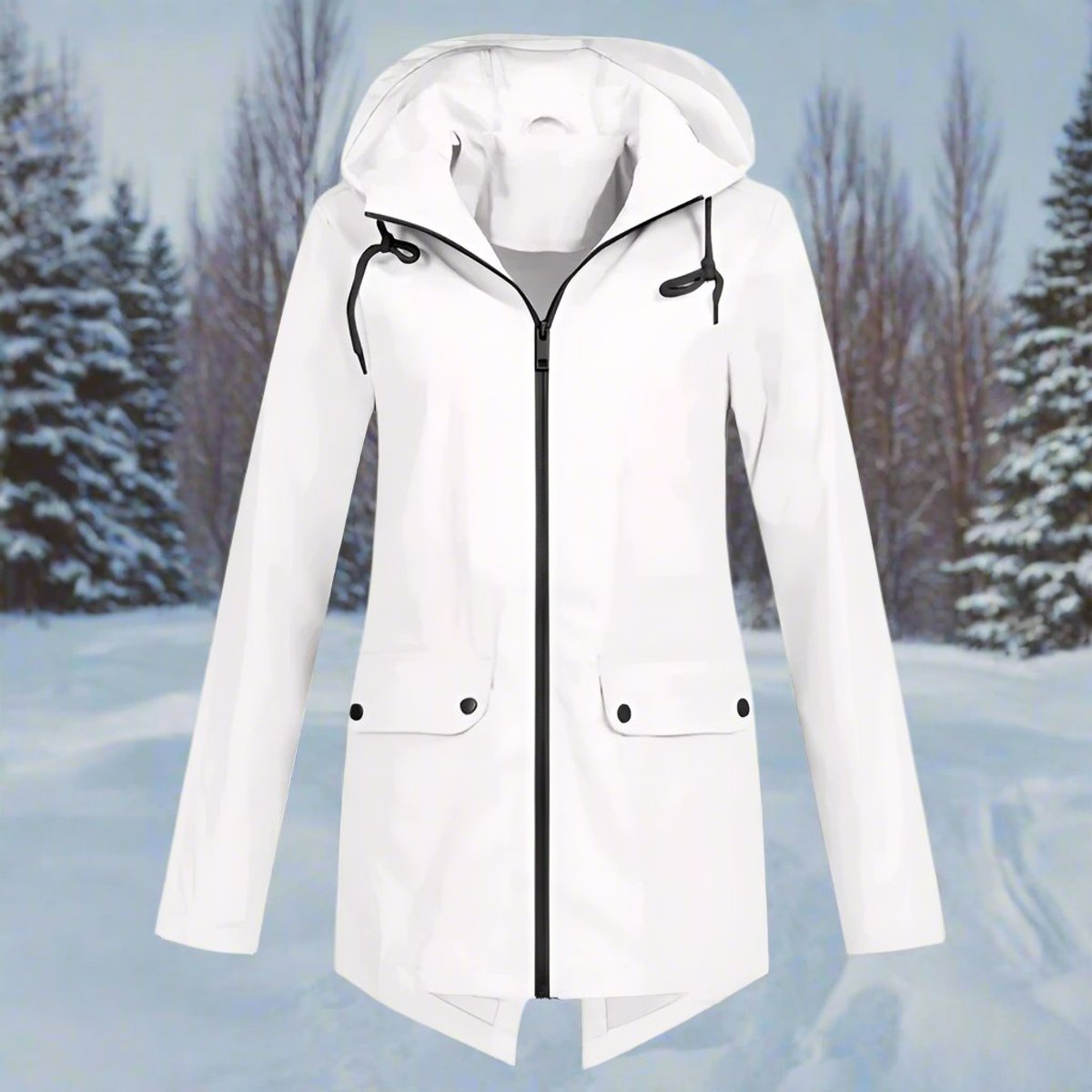Lorraine longline hooded raincoat in white, front view