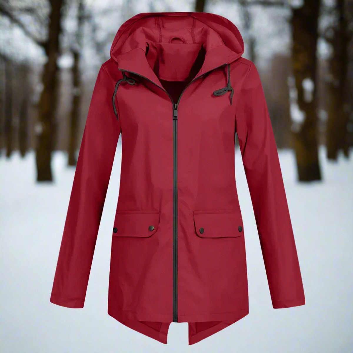 Lorraine longline hooded raincoat in wine red, front view