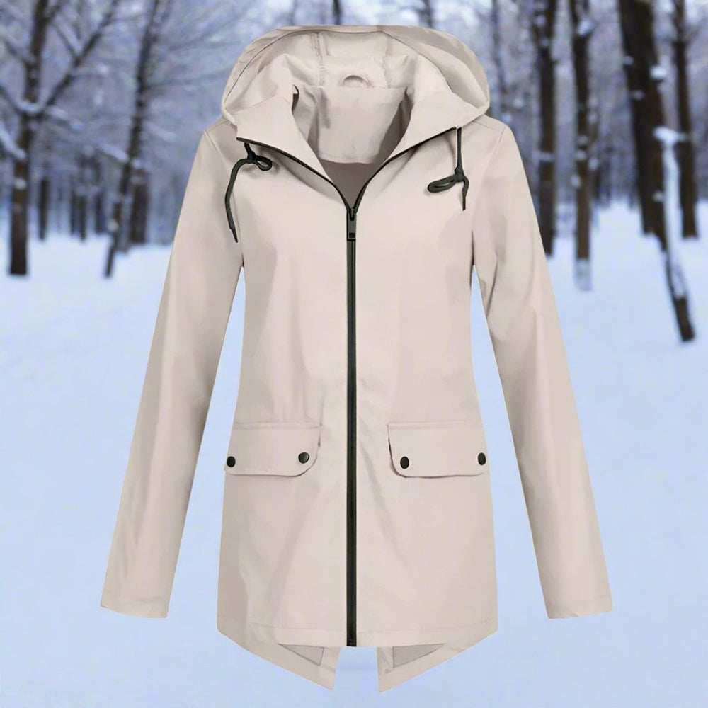 Lorraine longline hooded raincoat in apricot, front view