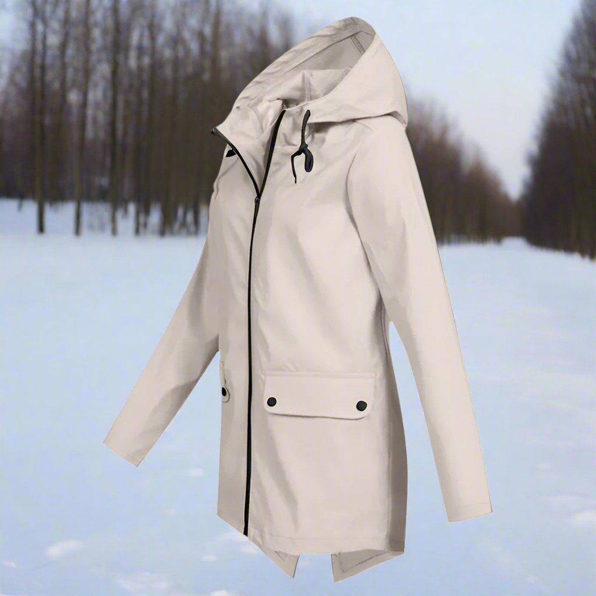 Lorraine longline hooded raincoat in apricot, side view