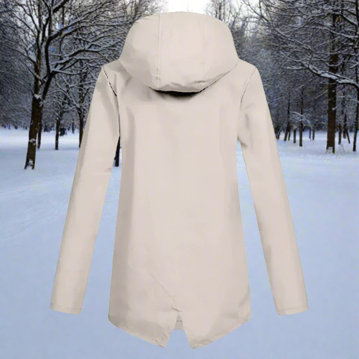 Lorraine longline hooded raincoat in apricot, back view with dipped hem
