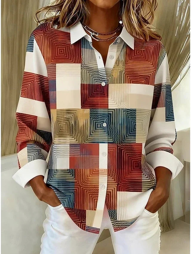 Merritt vintage patchwork blouse in red and cream geometric squares, front view