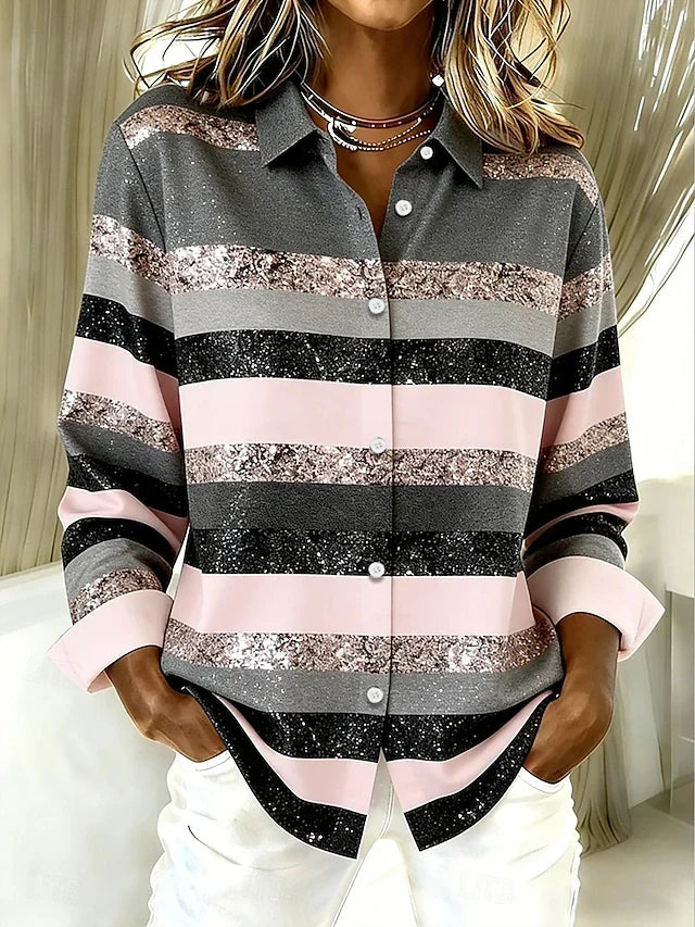 Evancline horizontal stripe button blouse in blushing pink with glittery stripes, front view