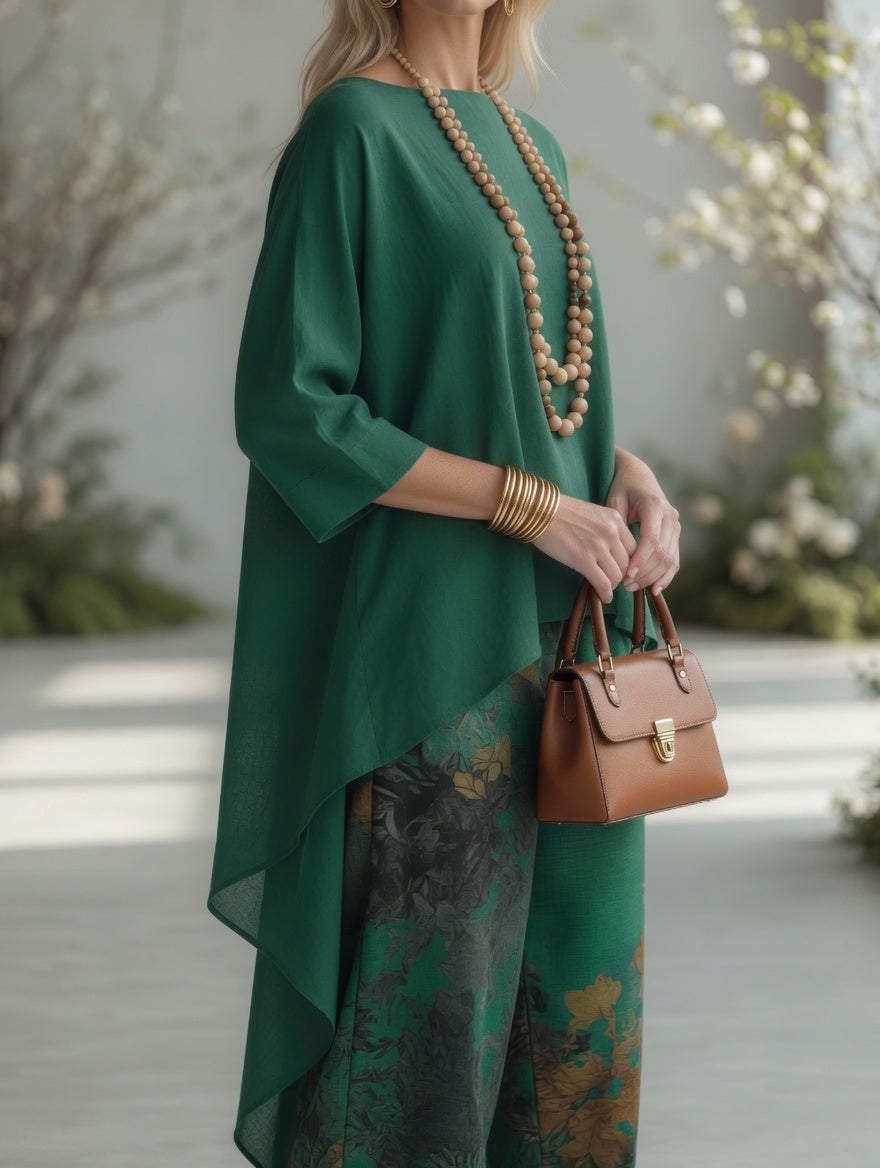 Kesia tunic and printed trouser set in green, close-up view