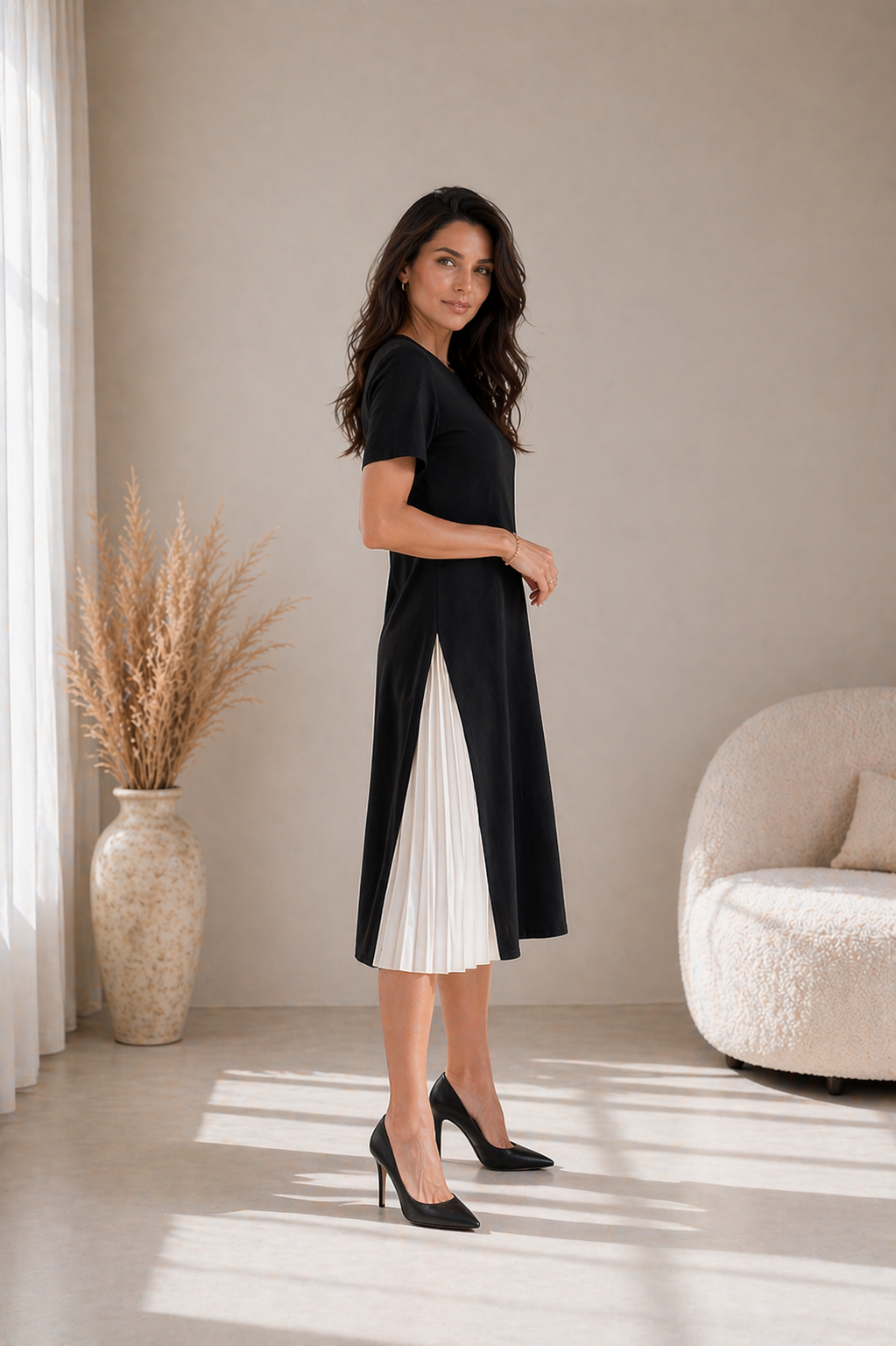 LIORA™ | Pleated Panel Midi Dress